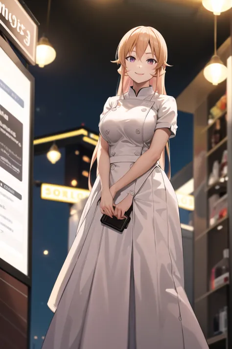 masterpiece, best quality, highres, aaerina, long hair, chef outfit, night, city, standing, smile