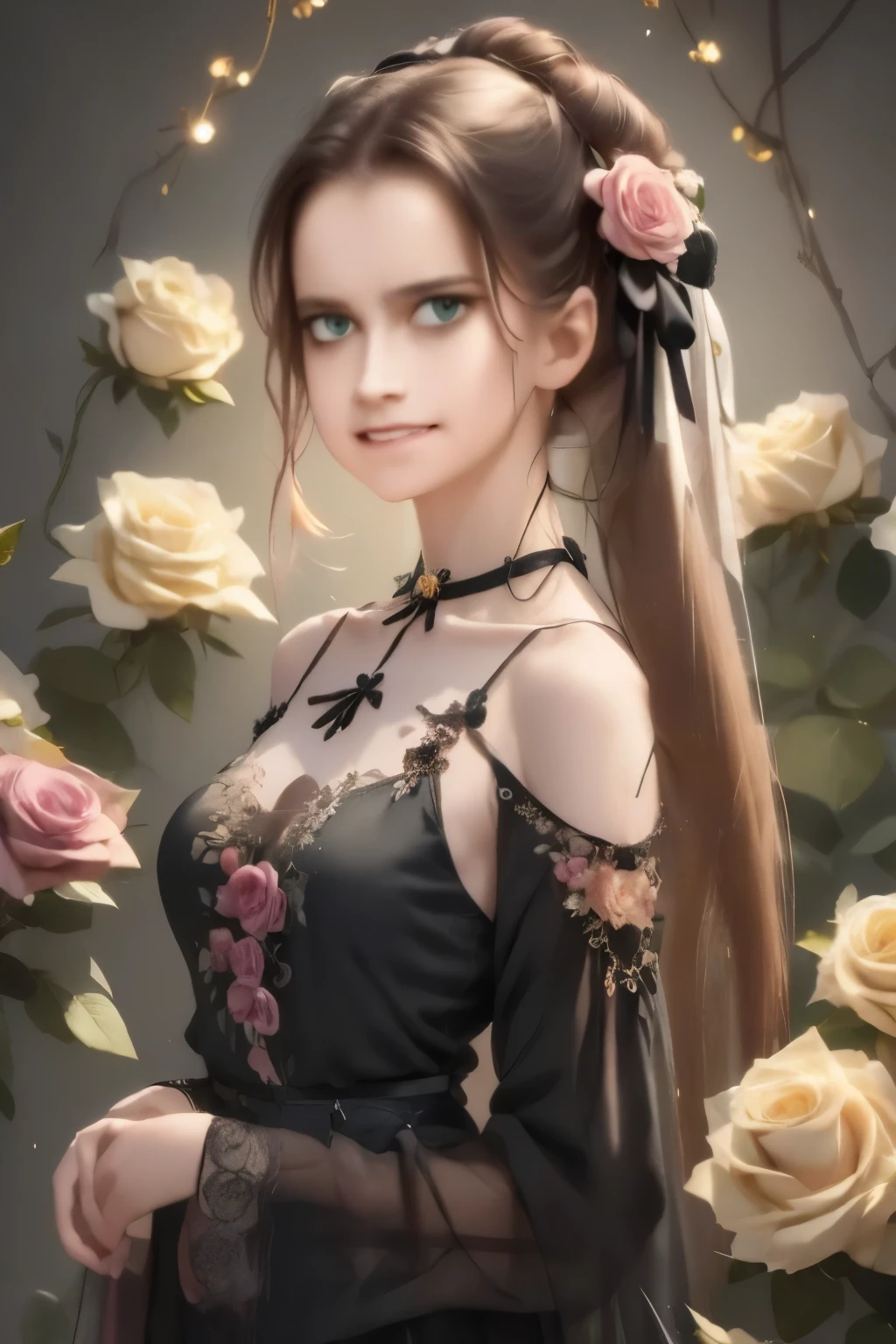 ((masterpiece, best quality)),best aesthetic,1girl, solo, long hair, black dress, flower, ribbon, black background, black hair, rose, yellow rose, red rose, pink rose, blu rose, hair ribbon, green eyes, long sleeves, white rose, closed mouth, black ribbon, upper body, cinematic lighting, party in bacgroun