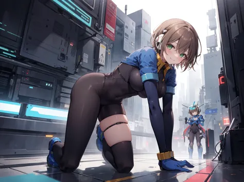 aile_megamanzx, kneeling with hands on the ground and , 1girl, solo, short hair, brown hair, short sleeves, (bodysuit), robot ea...