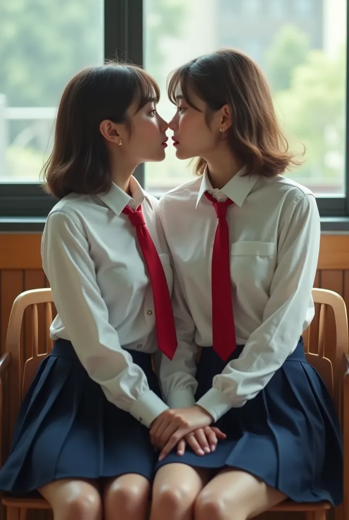 Not a 3D model, Not an illustration:1.9, not an anime:1.9, Photorealistic:1.9, Realistic movie scene:1.9, A story of the growth of a high school girl couple, whole, There is a bittersweet atmosphere., realistic face and eyes:1.9, Realistic Skin:1.9, ((2 Japanese high school girl)), (((Two cute girls))), lily, Japanese Idols, Not an illustration:1.9, not an anime:1.9, Photorealistic:1.9(school uniform), (White shirt), (Red tie), (Navy blue pleated skirt), mini skirt, Are standing, Perfect female figure, Perfect Face, Glossy pink lips, Expressive eyes, eye shadow, eyeliner, Huge natural breasts, (Tight waist), Light brown hair, short hair, (Floating Hair), Expressive hair, (Over-frame glasses), Long eyelashes, Not an illustration:1.9, not an anime:1.9, Photorealistic:1.9, (((kiss, kissing))), (((tongue))), Drooling, close your eyes, evening, classroom, (((sitting, sit side by side))), Ultra-high resolution, Attention to detail, Ultra-high quality, (Cowboy Shot), masterpiece, Accurate, Anatomically correct, Textured skin, Not an illustration:1.9, not an anime:1.9, Photorealistic:1.9, Super Detail, high quality, Large Breasts, Not an illustration:1.9, not an anime:1.9,Photorealistic:1.9, (((nsfw)))
