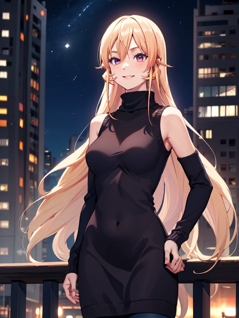 masterpiece, vibrant colours, best quality, detailed, highres, absurdres, score_9, score_8_up, score_7_up, aaerina, long hair, sweater dress, turtleneck, sleeveless, night, city, standing, smile