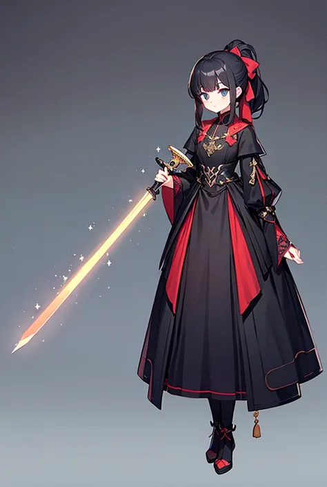 full-body portrait、are standing、 let me hold the sword、wearing a thin black curtain dress、long hair、long ponytail、black hair、adu...