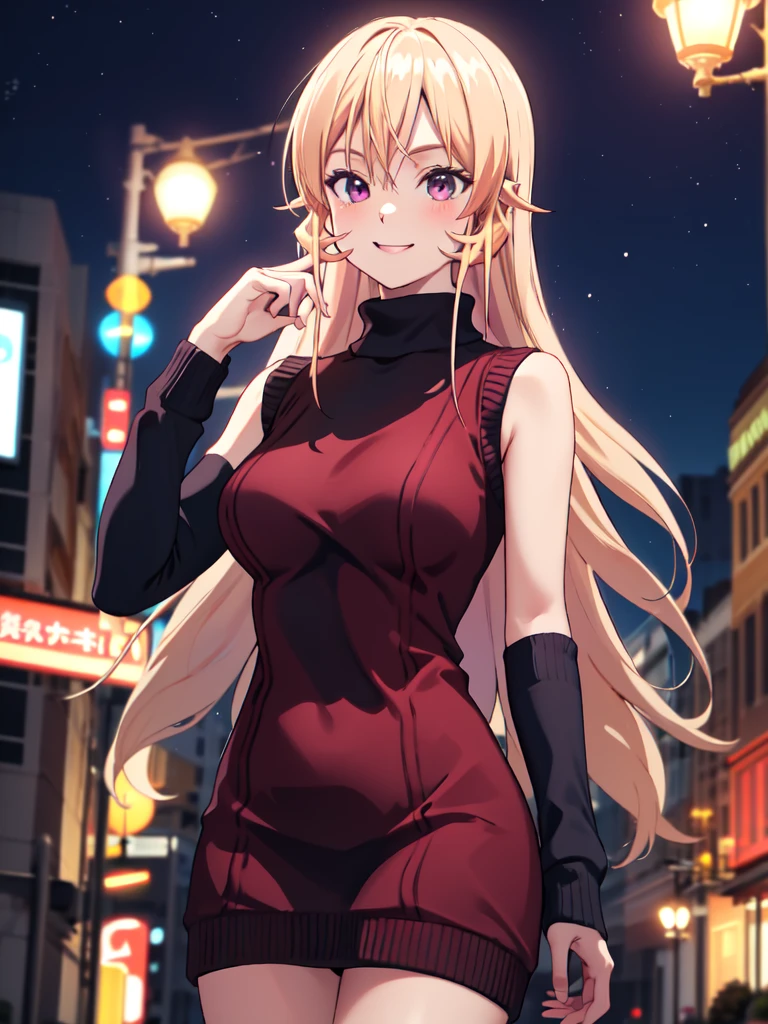 masterpiece, vibrant colours, best quality, detailed, highres, absurdres, score_9, score_8_up, score_7_up, aaerina, long hair, sweater dress, turtleneck, sleeveless, night, city, standing, smile