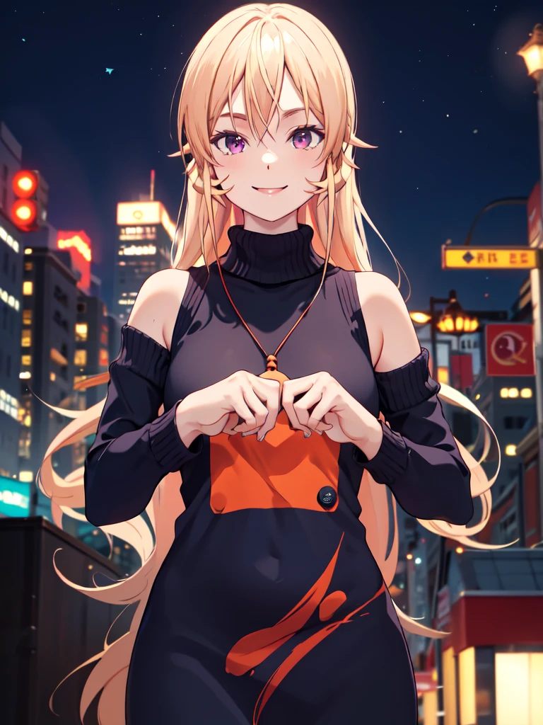 masterpiece, vibrant colours, best quality, detailed, highres, absurdres, score_9, score_8_up, score_7_up, aaerina, long hair, sweater dress, turtleneck, sleeveless, night, city, standing, smile