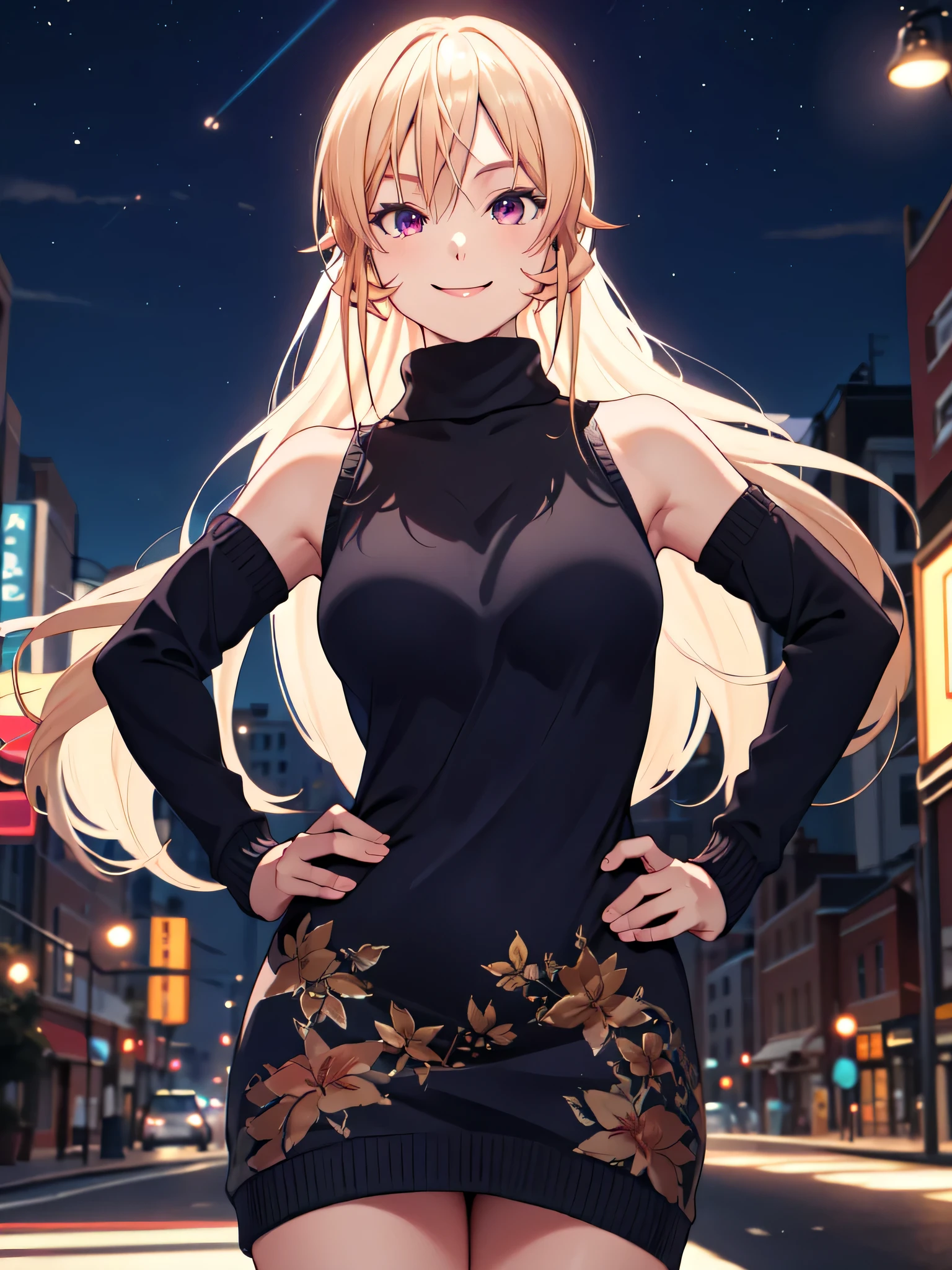 masterpiece, vibrant colours, best quality, detailed, highres, absurdres, score_9, score_8_up, score_7_up, aaerina, long hair, sweater dress, turtleneck, sleeveless, night, city, standing, smile