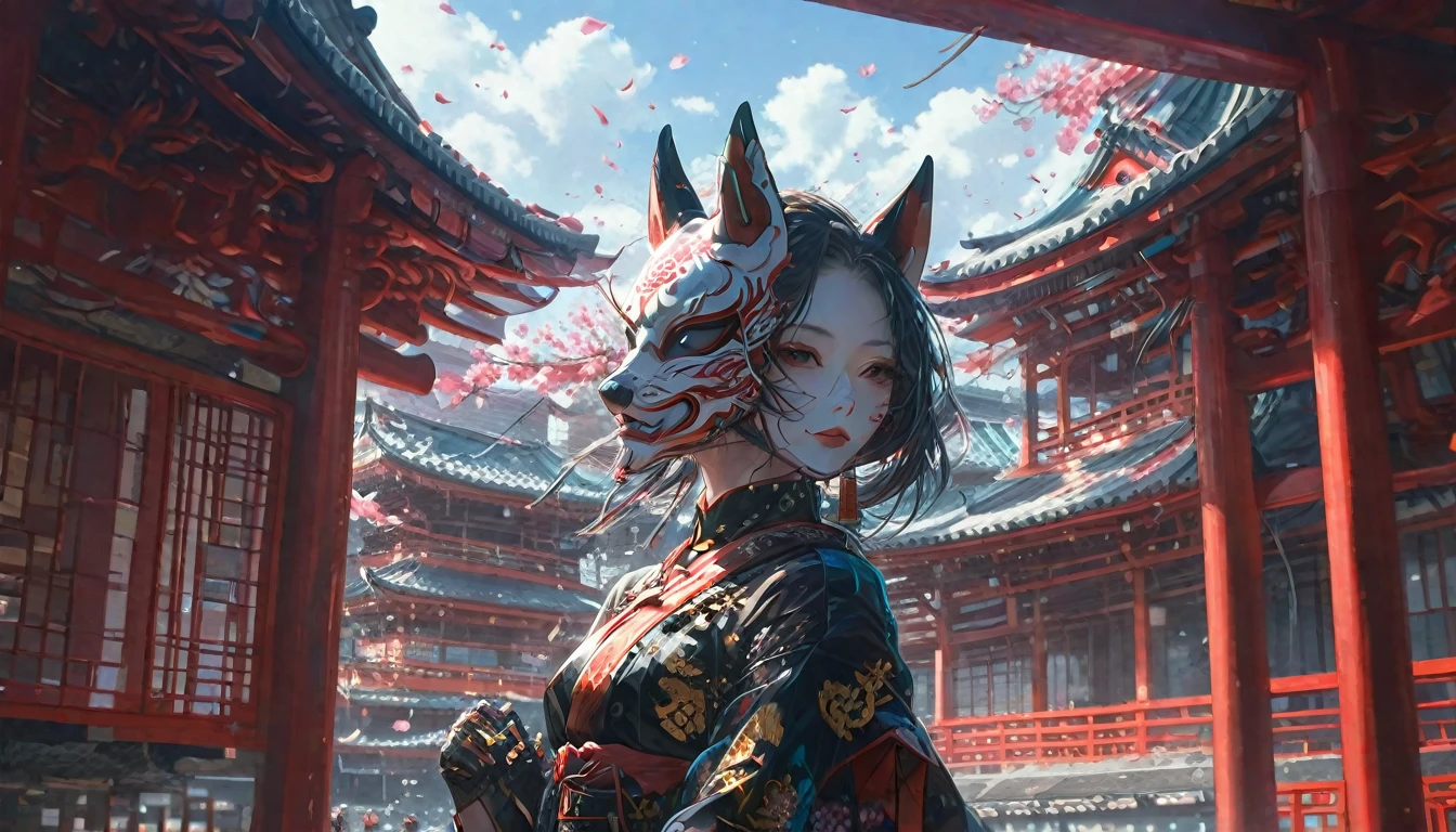 Earrings、hair ornaments、An image of a female android wearing a kimono dress and a fox mask strolling through a Kyoto shrine has been created。The style is also terrible.、人間とrobotの融合は美しさの中に神秘的でSpooky atmosphereがある。Torii gate in the background、There is a shrine in Kyoto。機械でできたLong neckを持ち、Wearing a fox mask。Imagine a strange and creepy picture - Al 9:16。 Spooky atmosphere、Fusion、Horror、Japanese cityscape、Long neck、robot、at 6