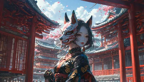 earrings、hair ornaments、an image of a female android wearing a kimono dress and a fox mask strolling through a kyoto shrine has ...