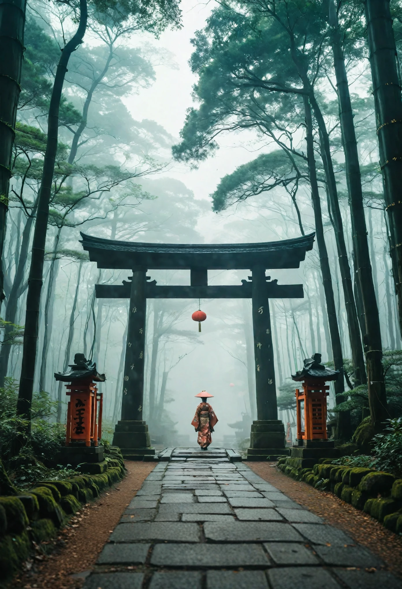 “A misty forest pathway with tall trees, leading to a traditional Japanese torii gate. The atmosphere is serene and slightly eerie, with fog rolling through the trees. In the foreground, a close-up of a Tengu statue is visible on the right side, showcasing its detailed features, including the long nose, wings, and traditional attire. The overall mood is mystical and ancient, blending Japanese spirituality with a sense of mystery.&quot;fox、An image of a fox-like android dressed in a beautiful kimono strolling through a Kyoto shrine has been created。The style is also terrible.、狐と人間とrobotの融合は美しさの中に神秘的でSpooky atmosphereがある。Torii gate in the background、There is a shrine in Kyoto。機械でできたLong neckを持ち、Wearing a mask。Imagine a strange and creepy picture - Al 9:16。 Spooky atmosphere、Fusion、Horror、Japanese cityscape、Long neck、robot、at 6