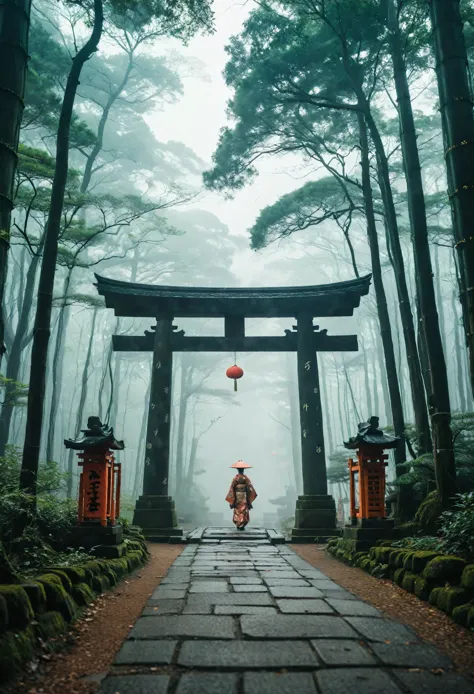 “a misty forest pathway with tall trees, leading to a traditional japanese torii gate. the atmosphere is serene and slightly eer...