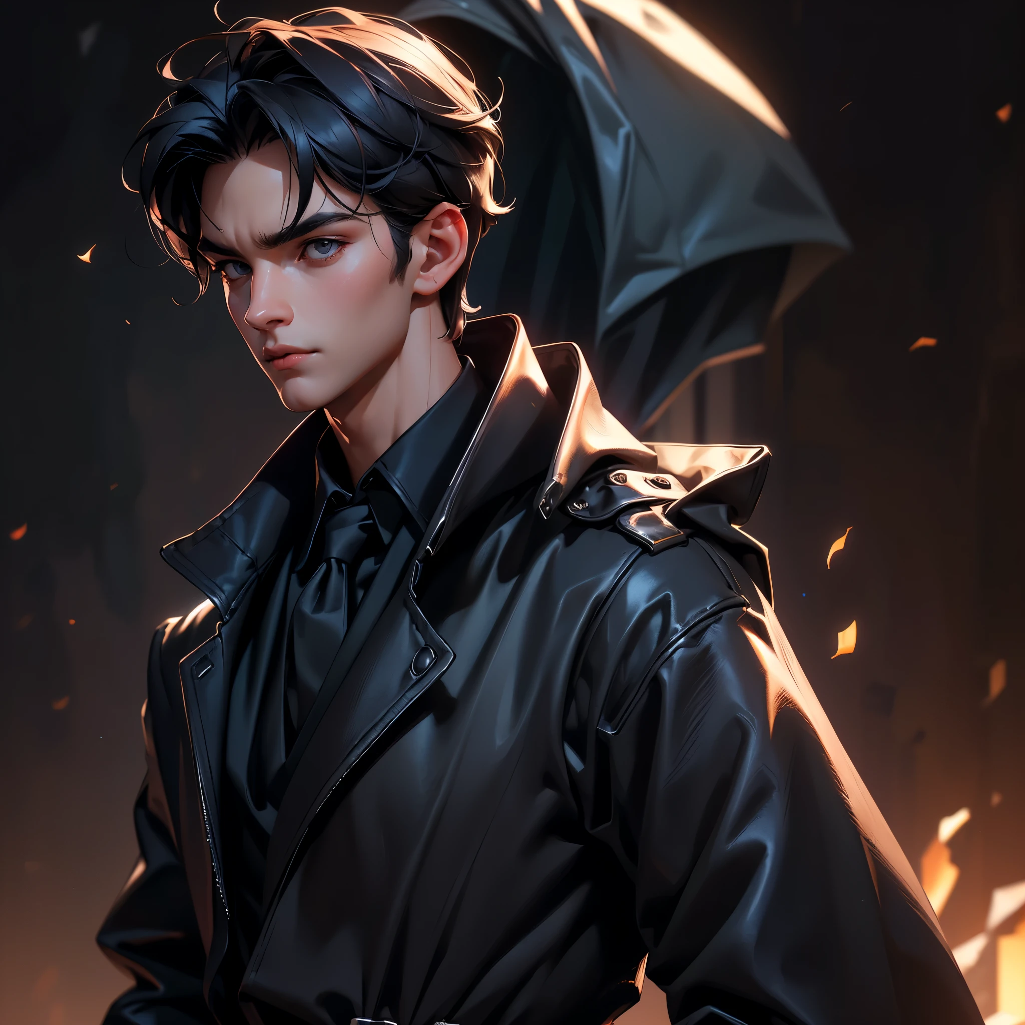 envision a 8k, highres, cinematic, detailed, semi realistic close up face pinup of a handsome boy with a slender body and shaggy black hair, dark eyes, black shirt, black trench coat, (((1boy))), in dark lighting, against a dark background