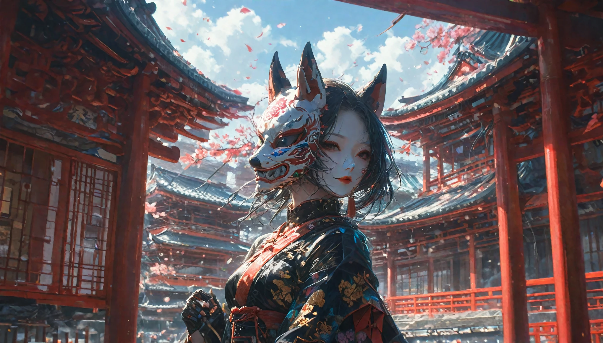 Earrings、hair ornaments、An image of a female android wearing a kimono dress and a fox mask strolling through a Kyoto shrine has been created。The style is also terrible.、人間とrobotの融合は美しさの中に神秘的でSpooky atmosphereがある。Torii gate in the background、There is a shrine in Kyoto。機械でできたLong neckを持ち、Wearing a fox mask。Imagine a strange and creepy picture - Al 9:16。 Spooky atmosphere、Fusion、Horror、Japanese cityscape、Long neck、robot、at 6