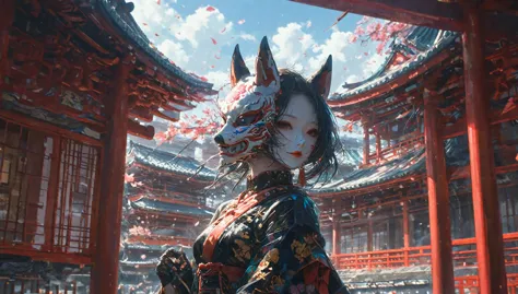 earrings、hair ornaments、an image of a female android wearing a kimono dress and a fox mask strolling through a kyoto shrine has ...