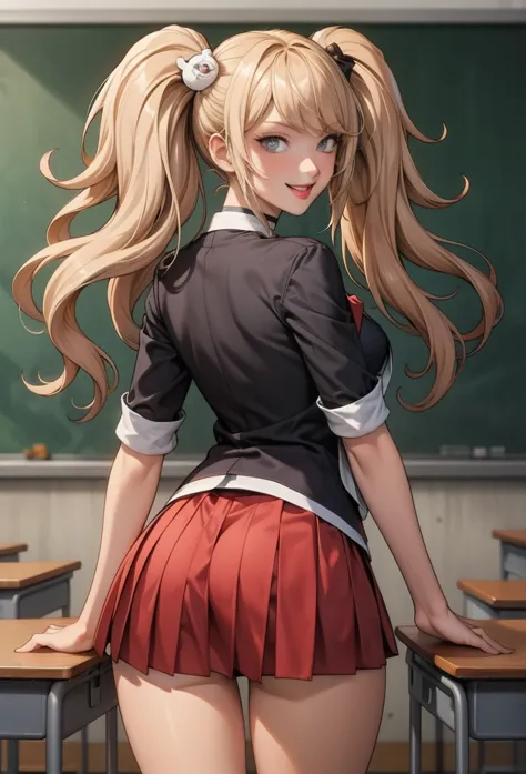 perfect eyes:1.2, detailed eyes:1.4, junko enoshima, grin, blonde hair, blue eyes, tongue out, breasts, shirt outside, twintails...