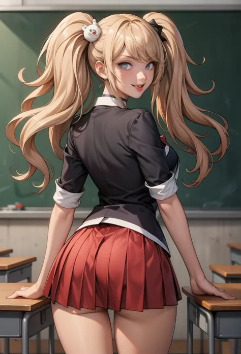 perfect eyes:1.2, detailed eyes:1.4, junko enoshima, grin, blonde hair, blue eyes, tongue out, breasts, shirt outside, twintails...