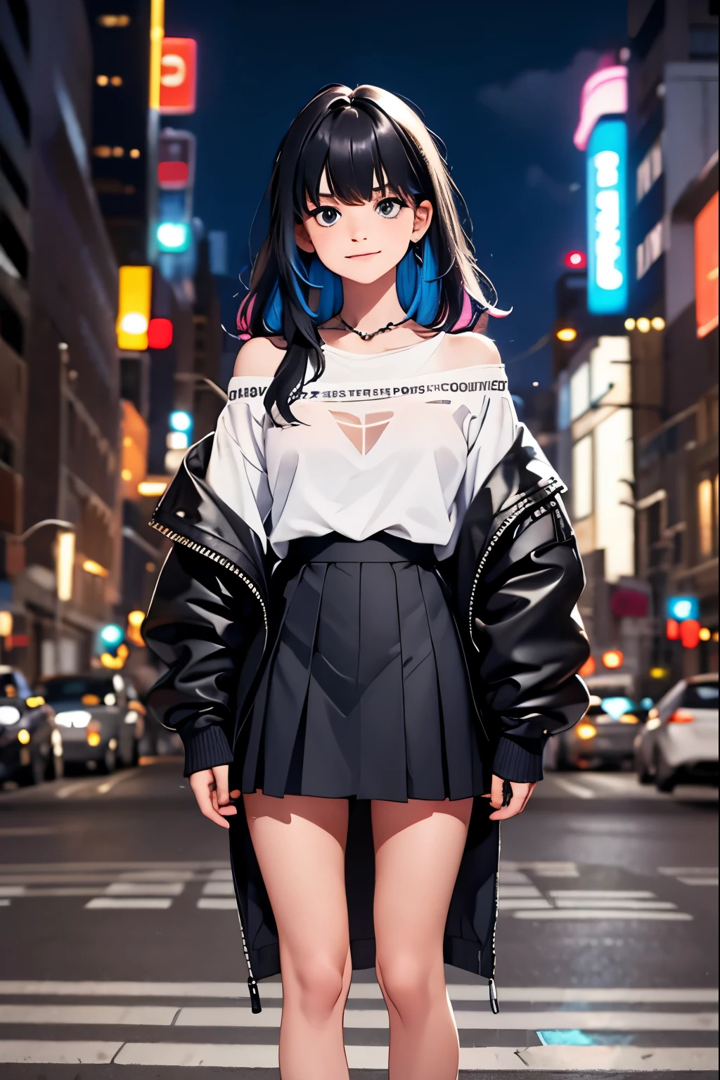 1girl, black_skirt, blue_hair, building, city, cityscape, hair_between_eyes, jacket, looking_at_viewer, medium_hair, multicolored_hair, multiple_boys, night, off_shoulder, outdoors, pleated_skirt, road, shirt, skirt, skyscraper, smile, solo_focus, street, white_shirt