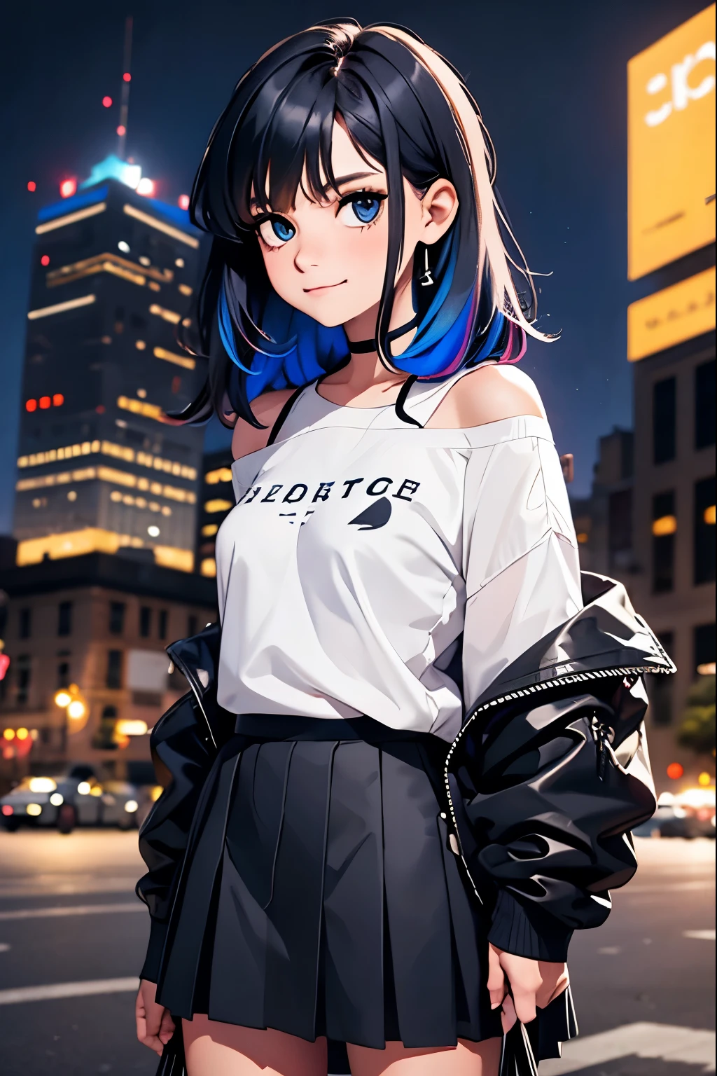 1girl, black_skirt, blue_hair, building, city, cityscape, hair_between_eyes, jacket, looking_at_viewer, medium_hair, multicolored_hair, multiple_boys, night, off_shoulder, outdoors, pleated_skirt, road, shirt, skirt, skyscraper, smile, solo_focus, street, white_shirt