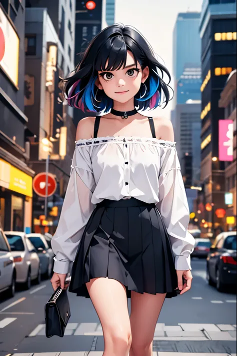 1girl, black_skirt, blue_hair, building, city, cityscape, hair_between_eyes, jacket, looking_at_viewer, medium_hair, multicolore...