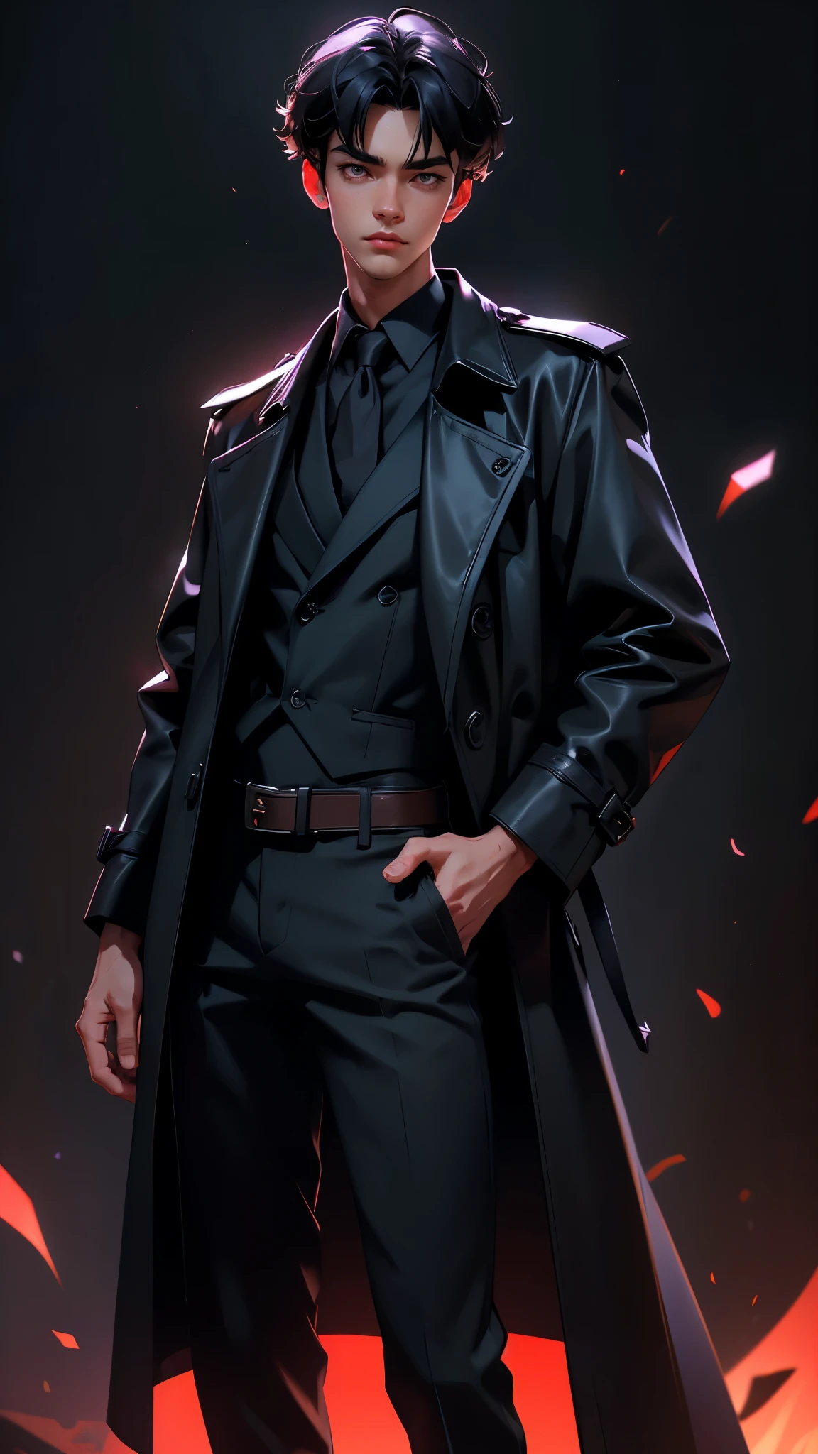 envision a 8k, highres, cinematic, detailed, semi realistic full body pinup of a handsome boy with a slender body and shaggy black hair, dark eyes, black shirt, black trench coat, (((1boy))), in dark lighting, against a dark background