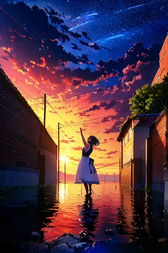 (masutepiece:1.3), (Best Quality:1.3), High resolution, Couboy Shot, I'm on the street with my arms outstretched and a big smile on my face.、Retro cityscape、Spread your arms、Hair color is dark blue、Squat position、Vivid sea、Iridescent Sea、huge smile、Spectacular background、The sun's rays illuminate her so beautifully, (One Cute Girl:1.3), 、Short hair, X Hair Ornament,  frilld, Neck ribbon, cleavage,maid  Dress, Detached sleeves, White Apron, Waist apron, White pantyhose,from side,