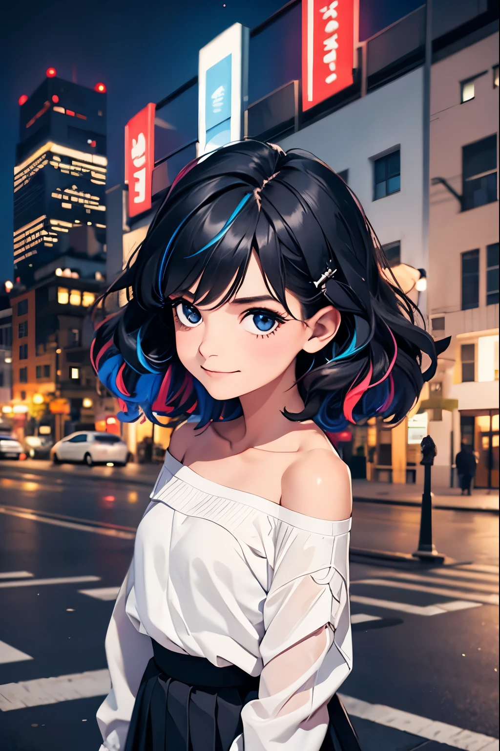 1girl, black_skirt, blue_hair, building, city, cityscape, hair_between_eyes, jacket, looking_at_viewer, medium_hair, multicolored_hair, multiple_boys, night, off_shoulder, outdoors, pleated_skirt, road, shirt, skirt, skyscraper, smile, solo_focus, street, white_shirt