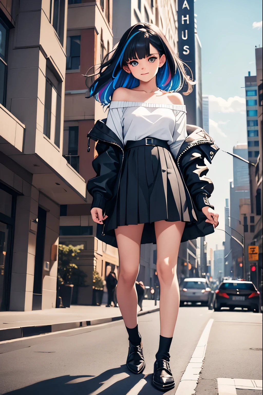 1girl, black_skirt, blue_hair, building, city, cityscape, hair_between_eyes, jacket, looking_at_viewer, medium_hair, multicolored_hair, multiple_boys, night, off_shoulder, outdoors, pleated_skirt, road, shirt, skirt, skyscraper, smile, solo_focus, street, white_shirt