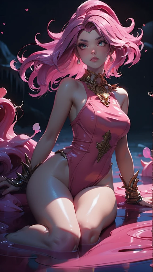 A woman in a pink outfit is sitting in a forest A beautiful alluring candy hybrid african female, covered in gooey sticky candy, curly afro pink cotton candy hair, dark skin, inside a gooey candy filled river at fantasy candy forest, fantasy Theme, candy Theme, Fiverr Dnd Character, Octane Render, Digital Art, Extreme Detail, 4k, Ultra Hd, Polished, Beautiful, Hyperdetailed, Intricate, Elaborate, Meticulous, Photorealistic, Sharp Focus, Wlop, Character Design, Unreal Engine, 3d Rendered, Volumetric Lighting, Reflections, Glossy, Digital Illustration, Sensual Pose, Suggestive Pose, Lewd, Full Body Shot, anatomically correct 💖❤💕💋❣ 