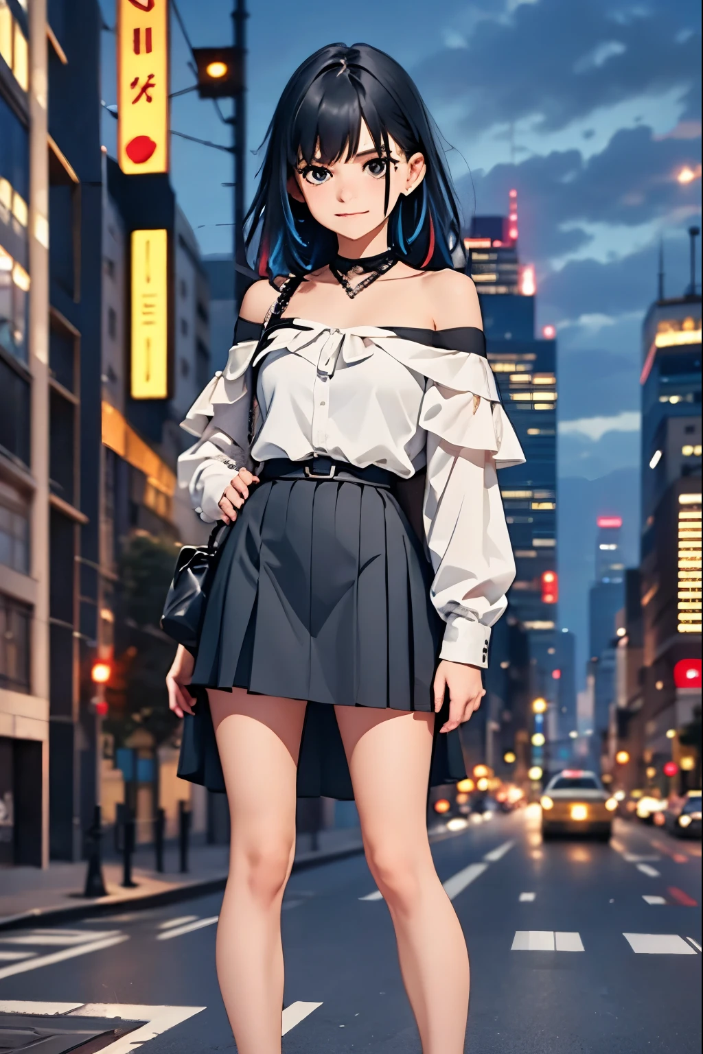 1girl, black_skirt, blue_hair, building, city, cityscape, hair_between_eyes, jacket, looking_at_viewer, medium_hair, multicolored_hair, multiple_boys, night, off_shoulder, outdoors, pleated_skirt, road, shirt, skirt, skyscraper, smile, solo_focus, street, white_shirt
