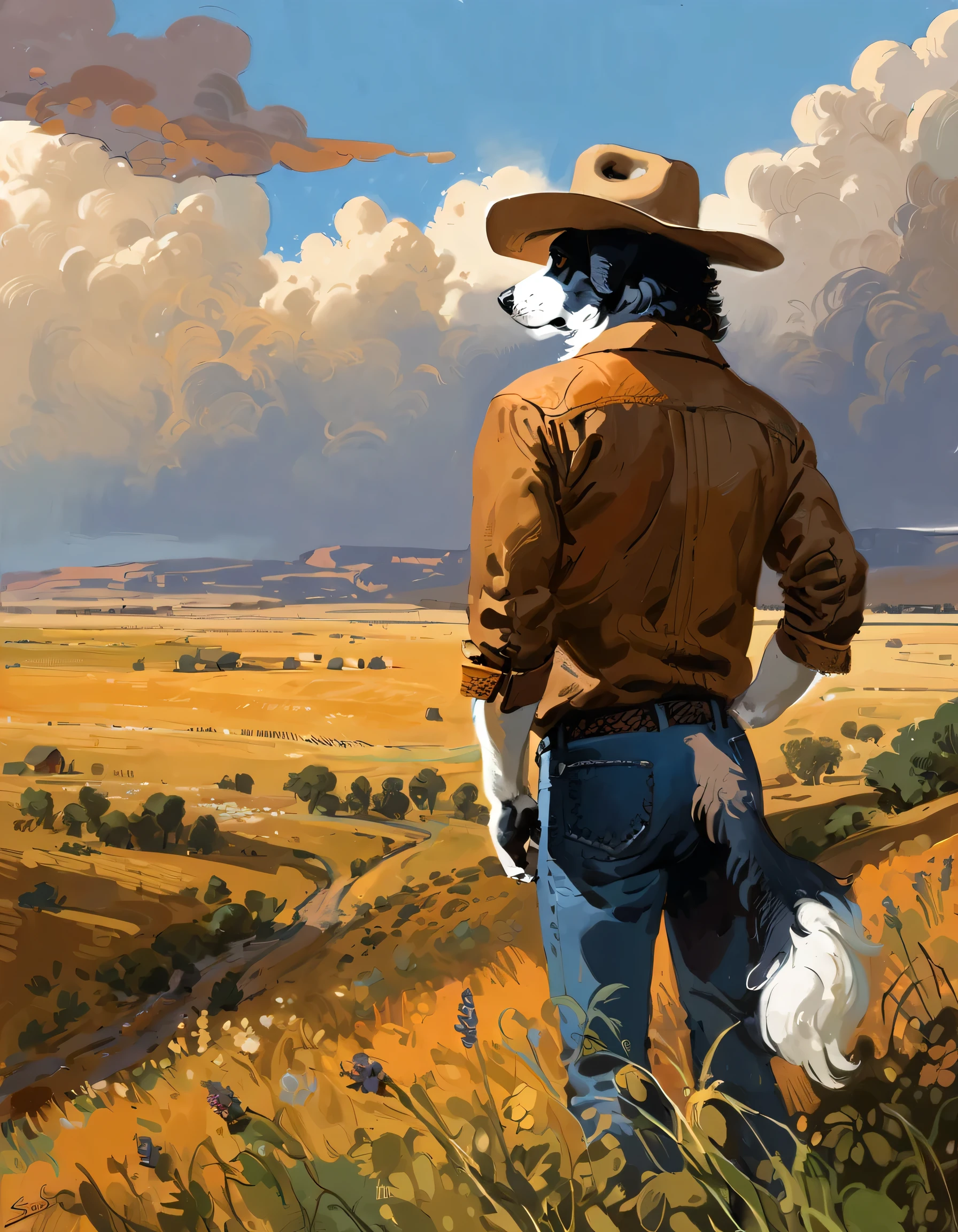 (Border Collie), solo, male, (anthro), (by seyorrol), ((intricate detailed background, prairie background, cloudy sky)), (realistic shading), mysterious shadows, (epic, masterpiece, high quality, 8k, ultra HD, absurd res, top quality, best quality, max quality, masterpiece), (lean athletic body), ((looking off into the distance, facing away)), ((candid photography)), (dynamic lighting), detailed fur, standing, cowboy, cowboy hat, 