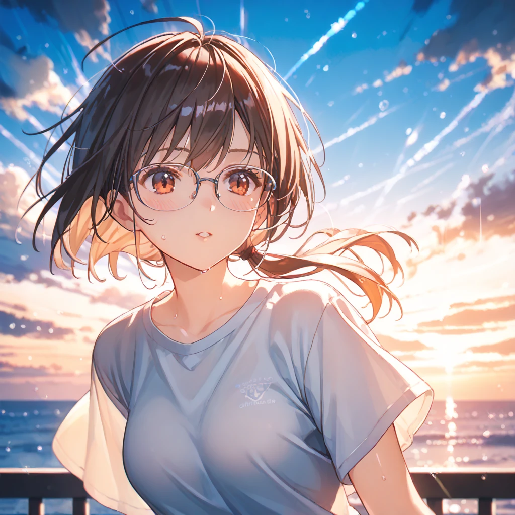 (by mitsumi misato:1), absurdres, highres,source_anime,,break,1girl, tomboy, glasses, short hair, low ponytail, medium breasts, beautiful detailed eyes, shorts, sweat, sleepily, outdoors, wind, (Detailed Lighting), (Detailed background),break,(clear line illustration:1.2), super detailed skin, shiny skin, very aesthetic, Best sexual lighting powered by famous artist, 8k, 16k, cute picture,beauty illustration,photoshop_(medium),,(Detailed Lighting),best anime 8k konachan wallpaper, pixiv contest winner, 