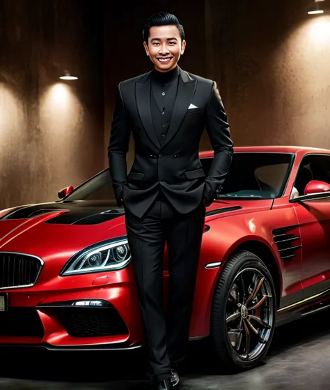 a javanese gentleman in an expensive black suit standing in front of sport car, smiling to the audience, (real skin texture), (h...