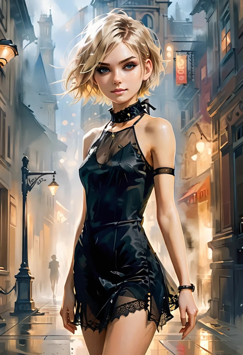 ((full body:1.4)).(rule of thirds:1.4), ((ultra realistic illustration:1.2)),Athletic blonde woman, (short hair), tomboy, cute, ((smile)), sexy, smoky eye, choker, sheer lace black minidress, high heels.Masterpiece, best quality,(highly detailed:1.2),(detailed face and eyes:1.2), 8k wallpaper, depth of field, natural lighting. core shadows, high contrast, bokeh.