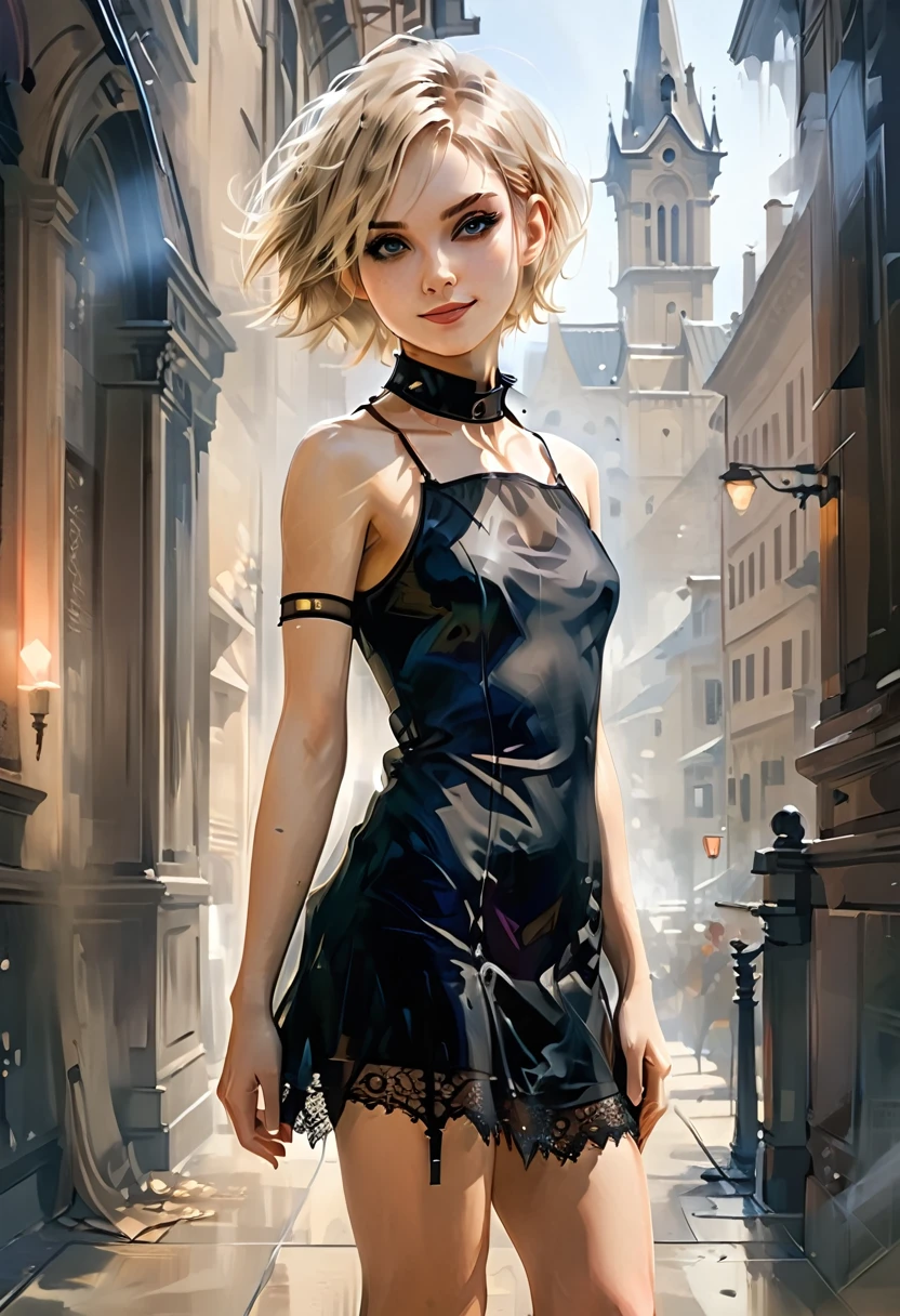 ((full body:1.4)).(rule of thirds:1.4), ((ultra realistic illustration:1.2)),Athletic blonde woman, (short hair), tomboy, cute, ((smile)), sexy, smoky eye, choker, sheer lace black minidress, high heels.Masterpiece, best quality,(highly detailed:1.2),(detailed face and eyes:1.2), 8k wallpaper, depth of field, natural lighting. core shadows, high contrast, bokeh.