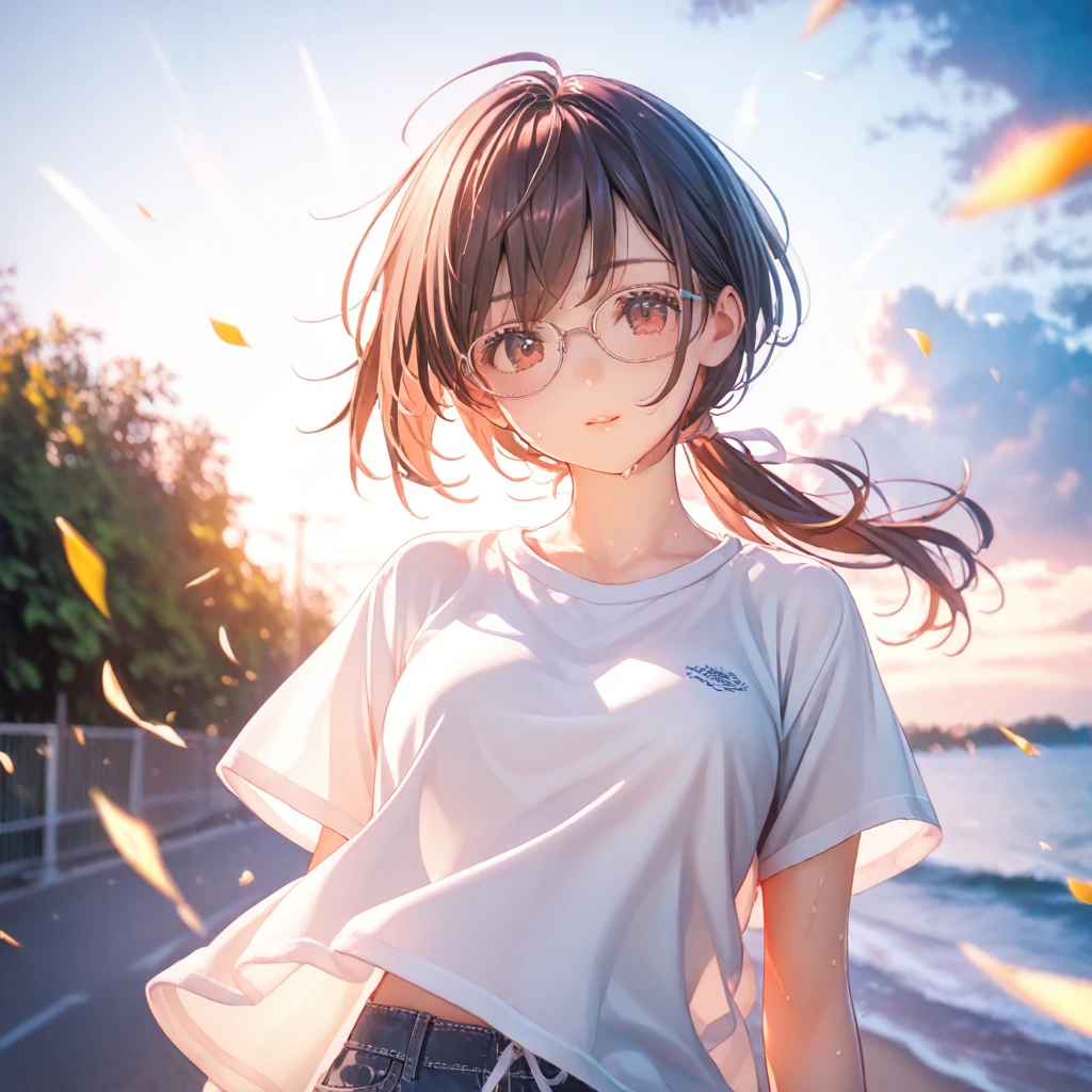 (by mitsumi misato:1), best quality, absurdres, highres,source_anime,ultra-detailed,,break,1girl, tomboy, glasses, short hair, low ponytail, medium breasts, beautiful detailed eyes, shorts, sweat, sleepily, outdoors, wind, (Detailed Lighting), (Detailed background),break,(clear line illustration:1.2), super detailed skin, shiny skin, very aesthetic, Best sexual lighting powered by famous artist, 8k, 16k, cute picture,beauty illustration,photoshop_(medium),,(Detailed Lighting),best anime 8k konachan wallpaper, pixiv contest winner, 