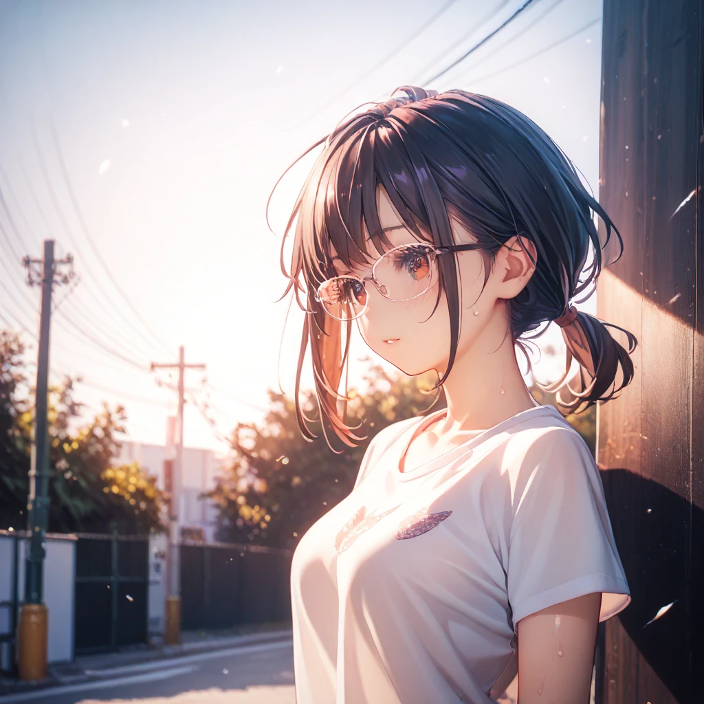 (by mitsumi misato:1), best quality, absurdres, highres,source_anime,ultra-detailed,,break,1girl, tomboy, glasses, short hair, low ponytail, medium breasts, beautiful detailed eyes, shorts, sweat, sleepily, outdoors, wind, (Detailed Lighting), (Detailed background),break,(clear line illustration:1.2), super detailed skin, shiny skin, very aesthetic, Best sexual lighting powered by famous artist, 8k, 16k, cute picture,beauty illustration,photoshop_(medium),,(Detailed Lighting),best anime 8k konachan wallpaper, pixiv contest winner, 