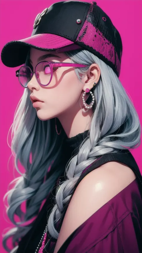 masterpiece,best quality,1man,saibo,cyberpunk,hat,earrings,glasses,simple background,magenta background,pearls and jewels,