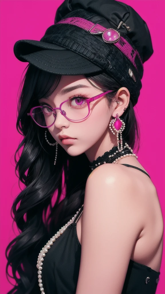 masterpiece,best quality,1man,saibo,cyberpunk,hat,earrings,glasses,simple background,magenta background,pearls and jewels,