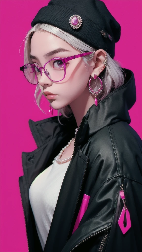 masterpiece,best quality,1man,saibo,cyberpunk,hat,earrings,glasses,simple background,magenta background,pearls and jewels,