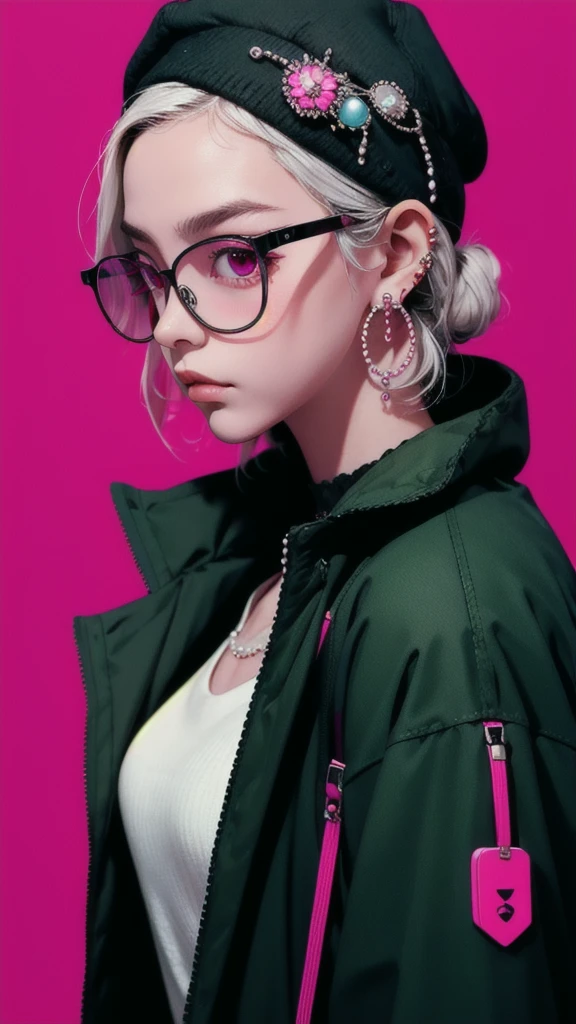 masterpiece,best quality,1man,saibo,cyberpunk,hat,earrings,glasses,simple background,magenta background,pearls and jewels,