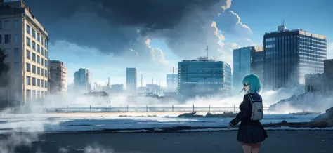 destroyed city with shades of turquoise blue, anime traits, dark place and icy tones, buildings on the sides of the image, half ...