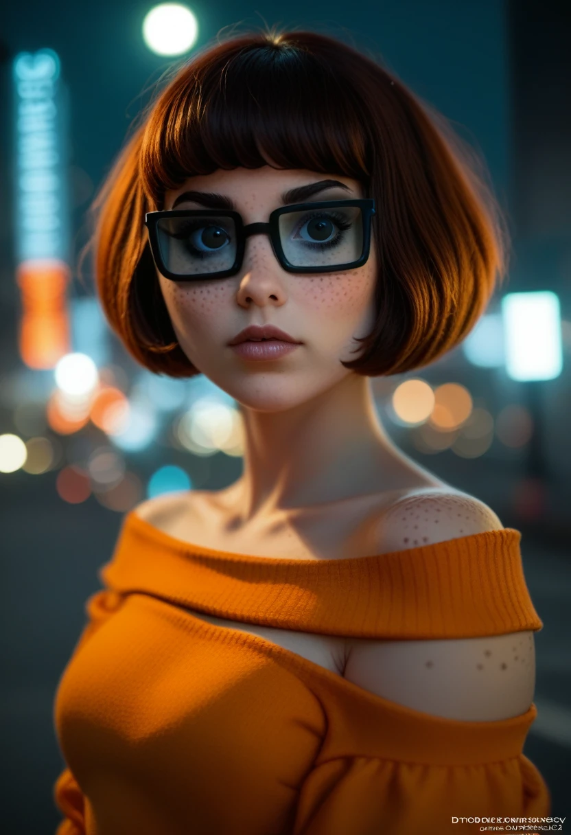 (professional portrait, goth girl, velma , a girl wearing eye glasses and an orange top, gorgeous figure, interesting shapes, hyper realistic, ultra detailed photograph, wearing an off shoulder slim sweter, detailed gorgeous face, natural body posture, captured with a 85mm lens,  bokeh, ultra detailed, ultra accurate detailed, bokeh lighting, surrealism, urban settin, ultra unreal engine, intricate, epic, freckles, goth style mood, dark eye makeup, in the style of jessica drossin, dima dmitriev, life-size figures, 