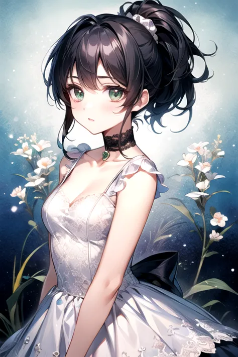 (highest quality)、(highest quality)、cute、(choker).eyes are emerald、(ponytail)、(black hair)、(cute dress).(lace dress).