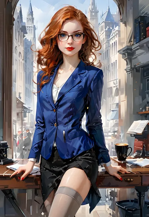 enjoying a cup of coffee.(full body:1.4),((ultra realistic illustration:1.3)), tall, slender ((redhead:1.2)) woman of irish desc...