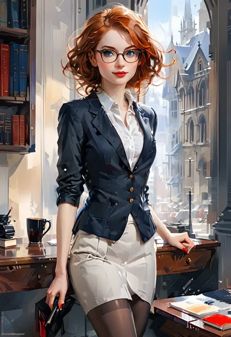 enjoying a cup of coffee.(full body:1.4),((ultra realistic illustration:1.3)), tall, slender ((redhead:1.2)) woman of irish desc...