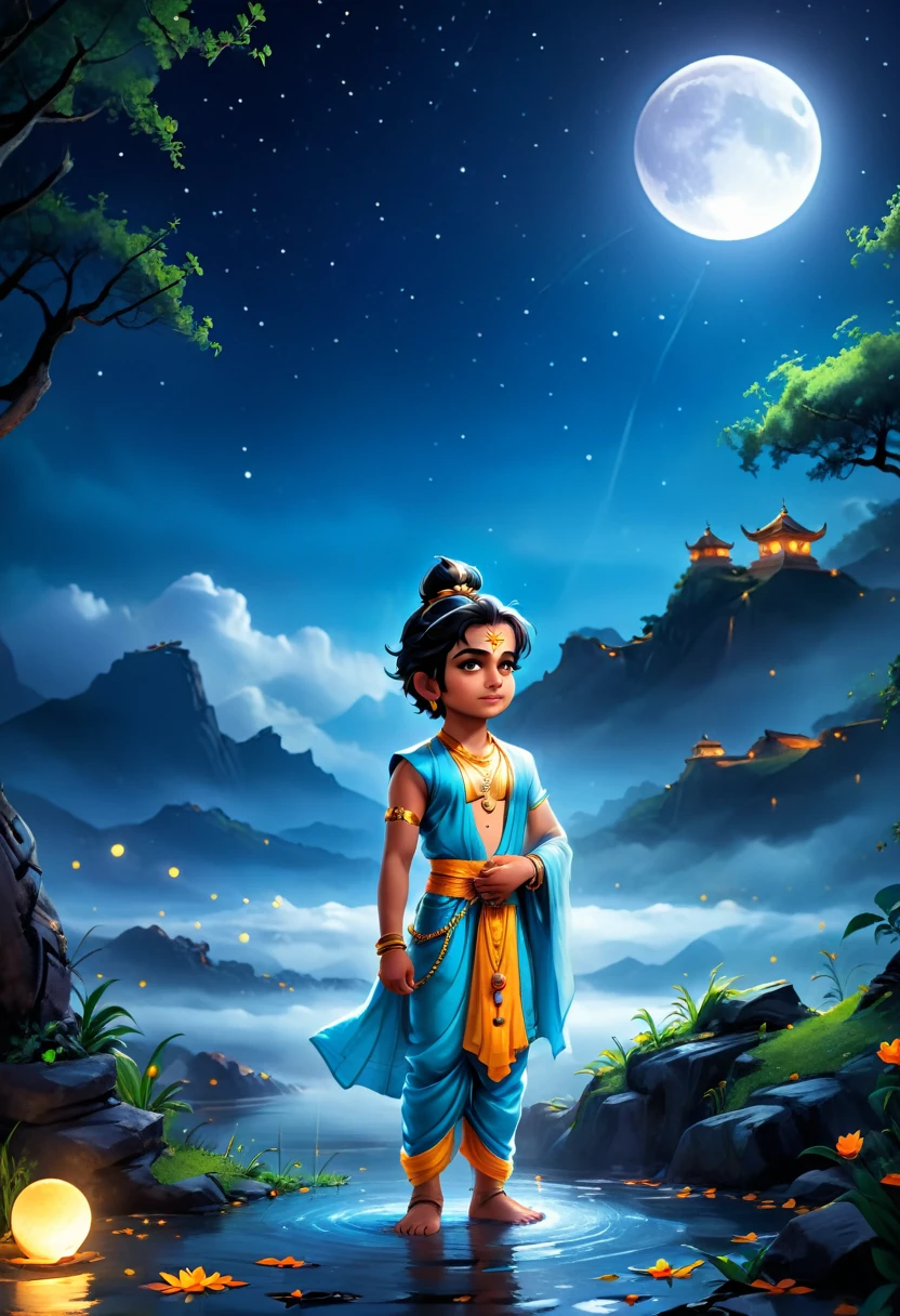 Child image of a lord krishna  meditating. roupas de costumes budista. night sky , com uma enorme lua cheia. cinematic lighting. Child Full moon landscape 