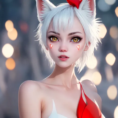 fox girl, cam shot showing off her pussy short hair,white hair,wolf ears, red eyes,pussy cat , super cute face, red elements on ...