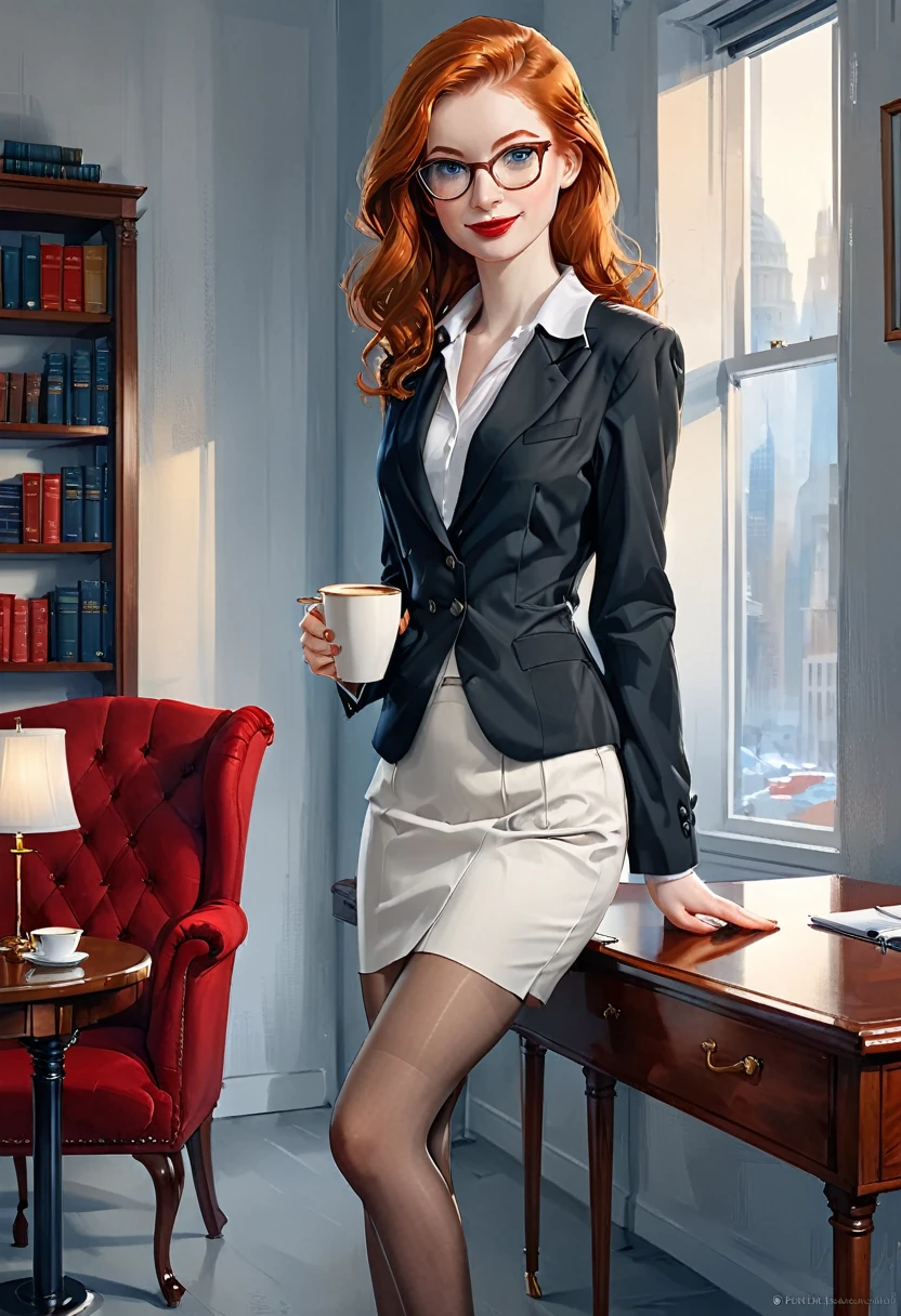 Enjoying a cup of coffee.(full body:1.4),((ultra realistic illustration:1.3)), Tall, slender ((redhead:1.2)) woman of Irish descent. (pale:1.3)complexion. blue eyes, cute butt, nice legs. Kind eyes, cute (smile:1.1). eyeglasses, red lipstick,blac kblazer, white blouse, gray pencil skirt, tan pantyhose, black stiletto heels. Law office. Masterpiece, (highly detailed:1.2),(detailed face and eyes:1.2), 8k wallpaper, cinematic lighting. core shadows, high contrast, bokeh.