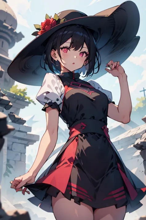 1girl,:o,black_dress,bob_cut,brown_hair,commentary_request,cowboy_shot,dress,hat,highres,looking_at_viewer,osanai_yuki,parted_li...