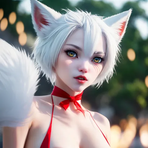 fox girl, cam shot showing off her pussy short hair,white hair,wolf ears, red eyes,pussy cat , super cute face, red elements on ...