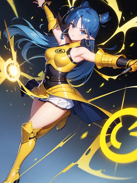 1girl, solo, dark hair, pointy ears, hoop earrings, long hair, bang, blue hair, simple background,  samurai armor, yellow armor,...