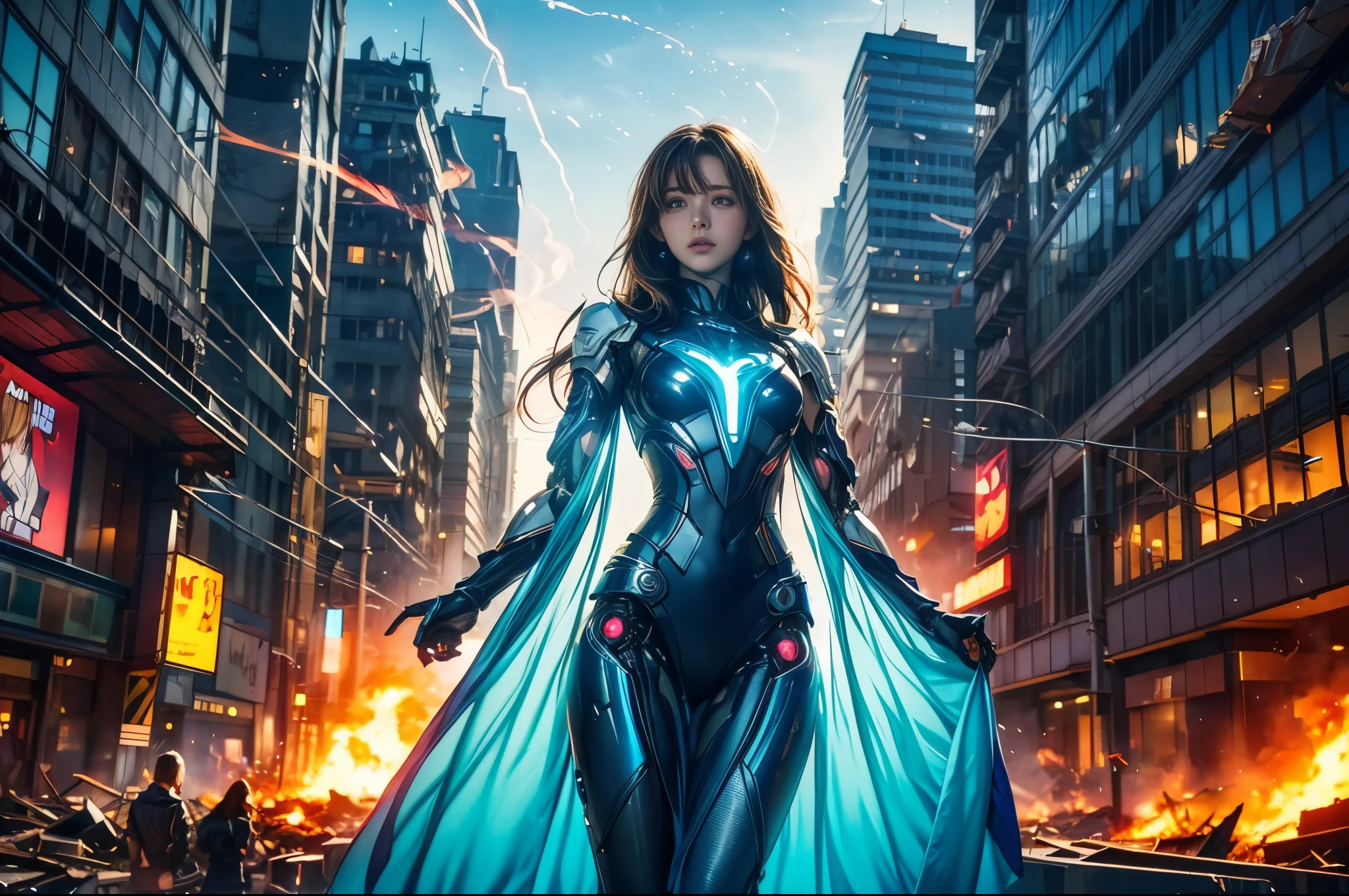 (Highest quality、4K、8k、High resolution、masterpiece: 1.2)、Very detailed、(Genuine、photoGenuineistic、photoGenuineistic: 1.37)、Destruction of a Great City、(A woman with telekinetic powers stands in front of a mecha operated by the invaders:1.37) 、(Women are young and beautiful、1、Unparalleled beauty:1.5)、Inserting mental barriers to resist robot attacks、Bustling city、Bright colors、Shining skyscrapers、Busy Street、Futuristic architecture and technology、Advanced holographic displays、Neon light splashes 、Dramatic lighting、Strong Shadows、The awe-inspiring power of women、There was determination in his eyes、Elegant flowing gown、Dynamic action in the wind、Stretch your arms out and lunge towards the robot.、A powerful energy blasts from the hands.、blue shining aura、sparks of electricity、Electricity crackling in the air、The vortex of energy surrounding women、A fascinating and surGenuine atmosphere、A sense of danger and impending doom、Background chaos and destruction、Crumbling Building、flying debris、Smoke and flames、 The contrast between beauty and destruction、The battle between technology and the extraordinary power of young women。 cr1r3